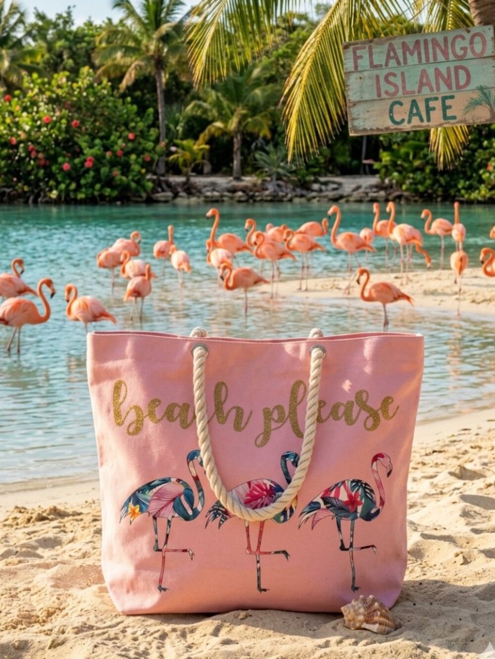 Beach Please Pink Flamingo Tote Bag